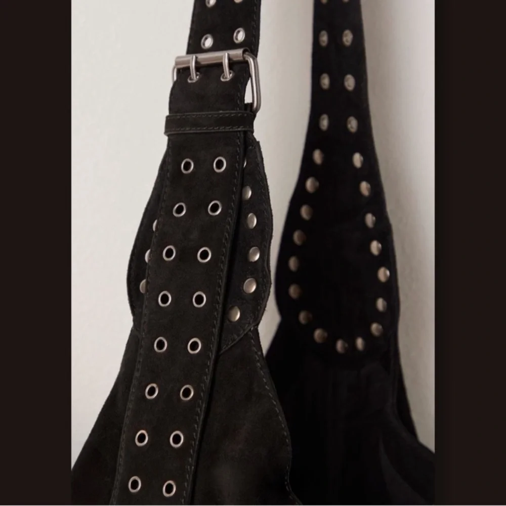 Free People Black Suede Studded Hobo Bag Large Boho Festival Slouchy Shoulder - Picture 5 of 10